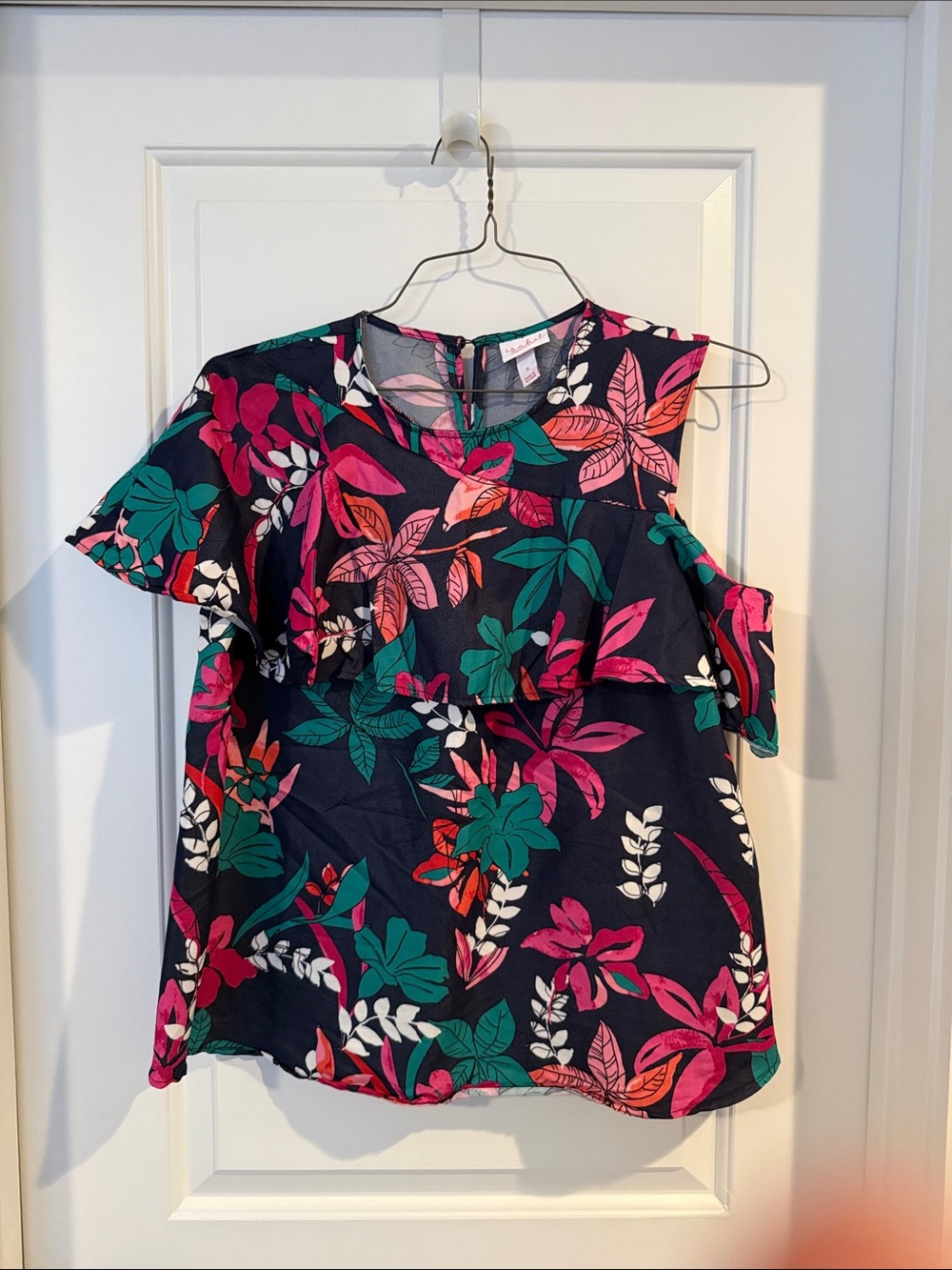 Sleeveless Floral Ruffle Cold-Shoulder Top - Navy with Pink & Green